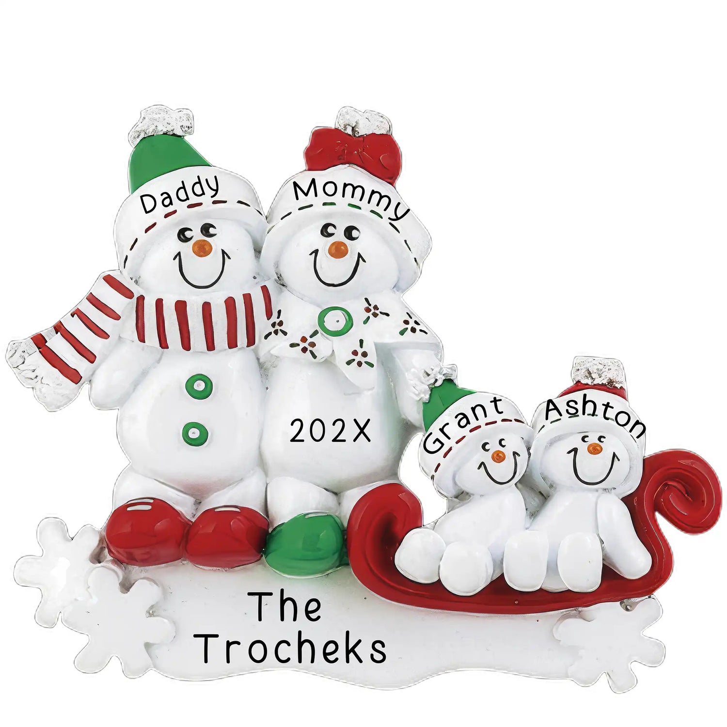 Personalized family of 4 snowman Christmas ornament featuring two parents and two kids, customizable with engraved names and year.
