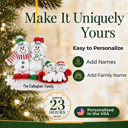 Make it yours: add names and year to the personalized snowman sled family of 4 christmas ornament