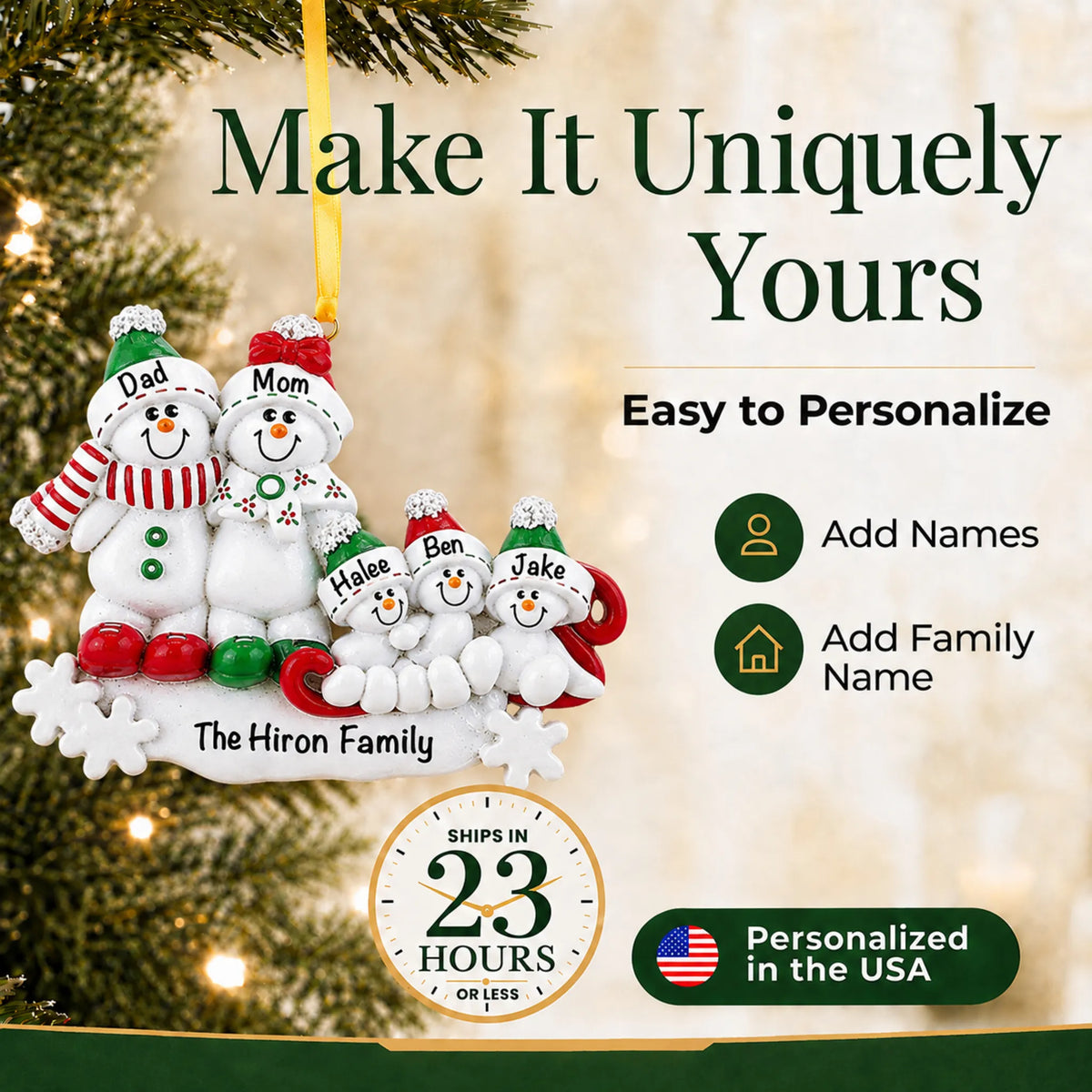 Make it yours: add names and year to the personalized snowman sled family of 5 christmas ornament