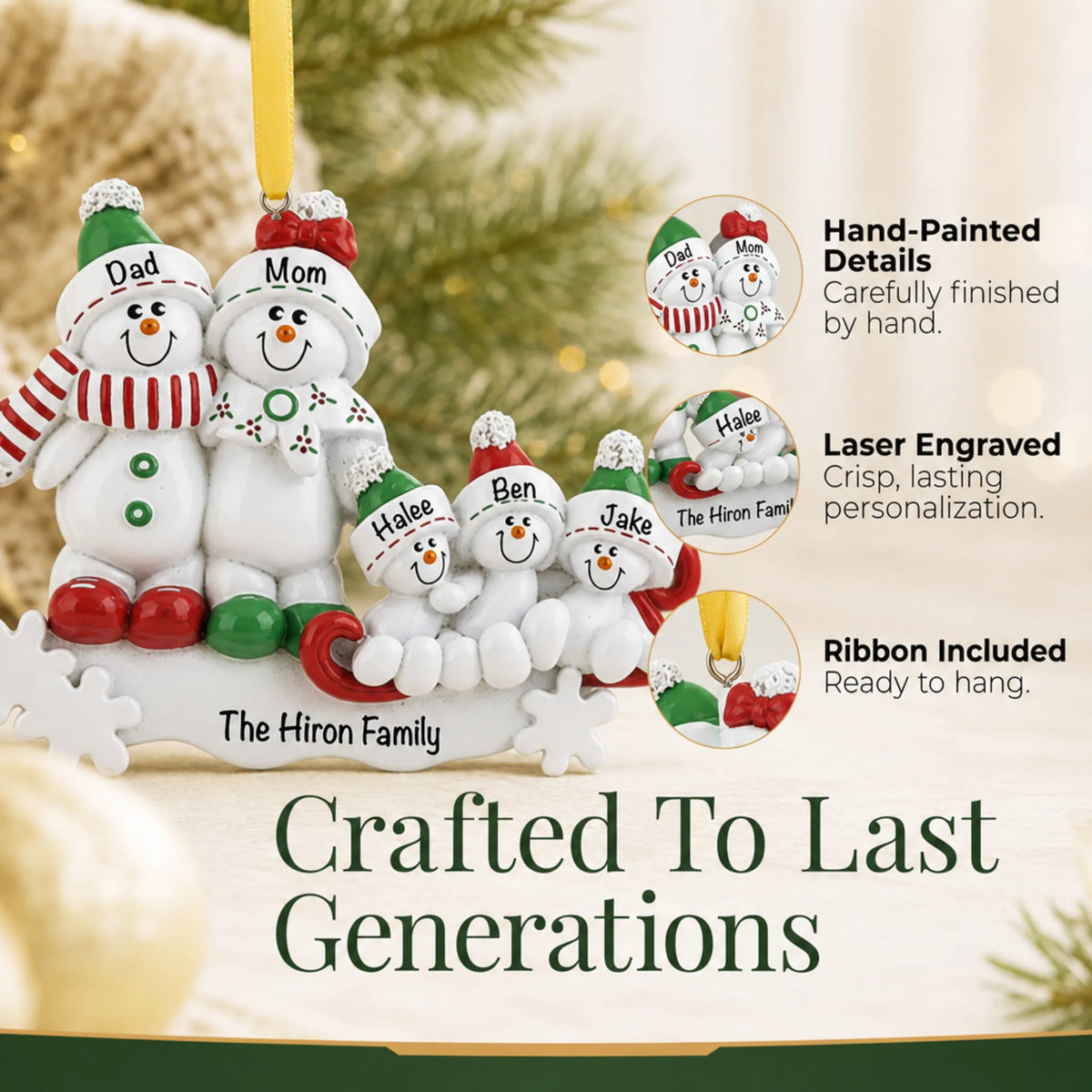 Hand-painted details and laser engraved personalization on the snowman sled family of 5 christmas ornament, ribbon included