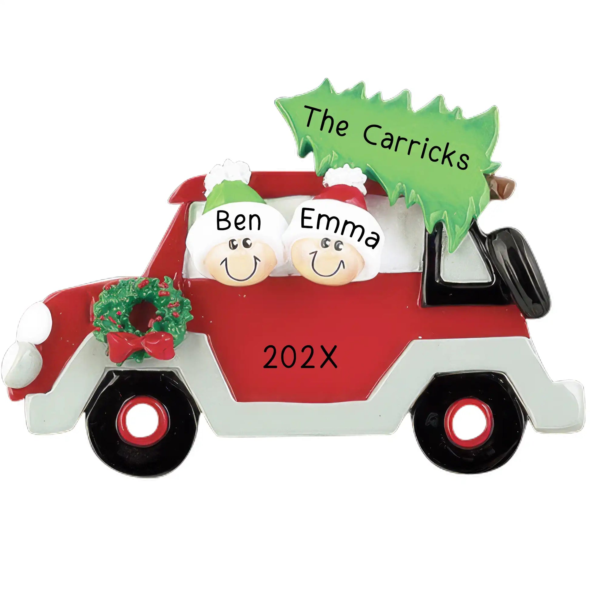 A personalized Christmas ornament featuring a red car with a green Christmas tree and 'The Carricks' text, with the names 'Ben' and 'Emma' displayed on the car.