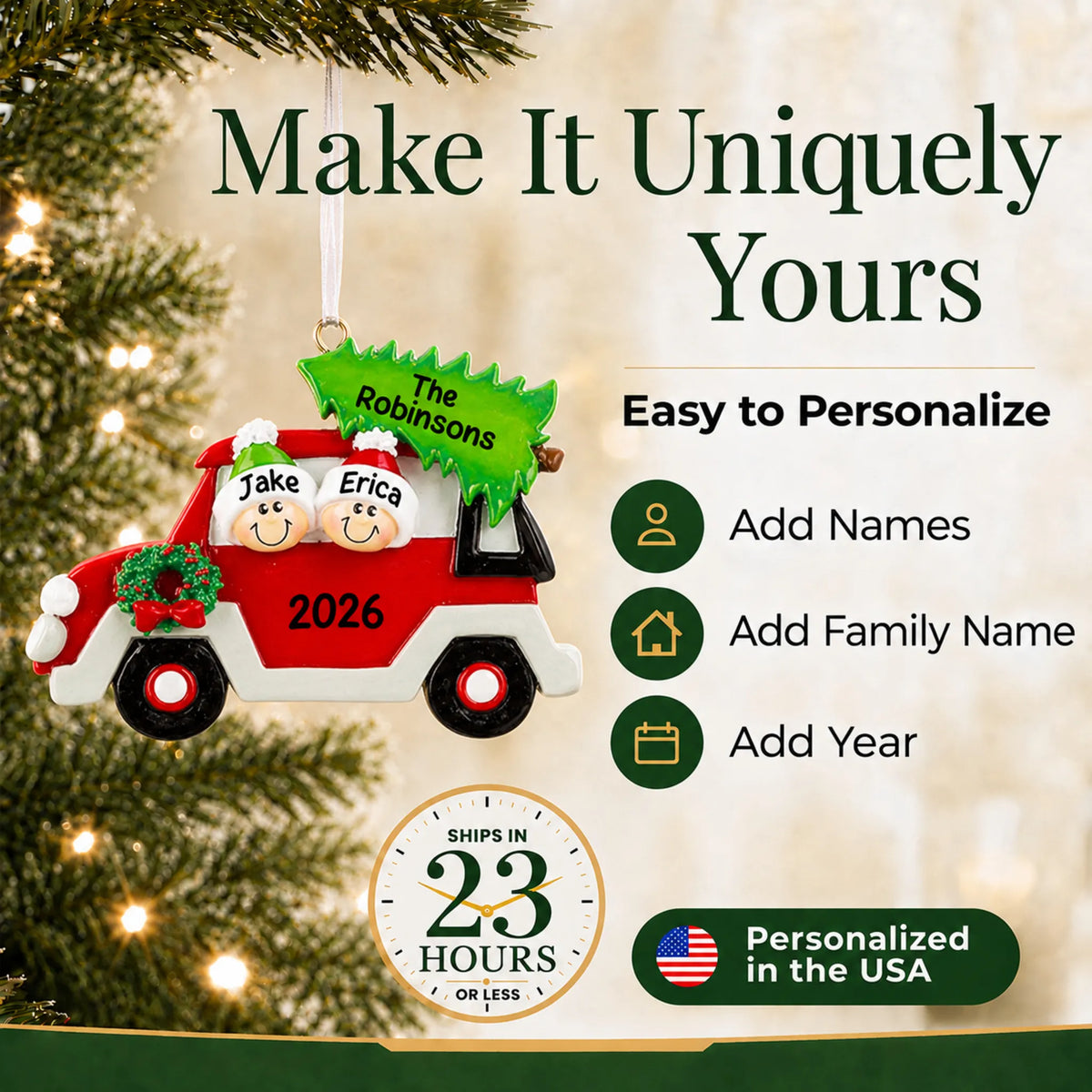 Make it yours: add names and year to the personalized christmas tree car couple ornament