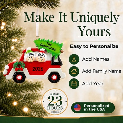 Make it yours: add names and year to the personalized christmas tree car couple ornament
