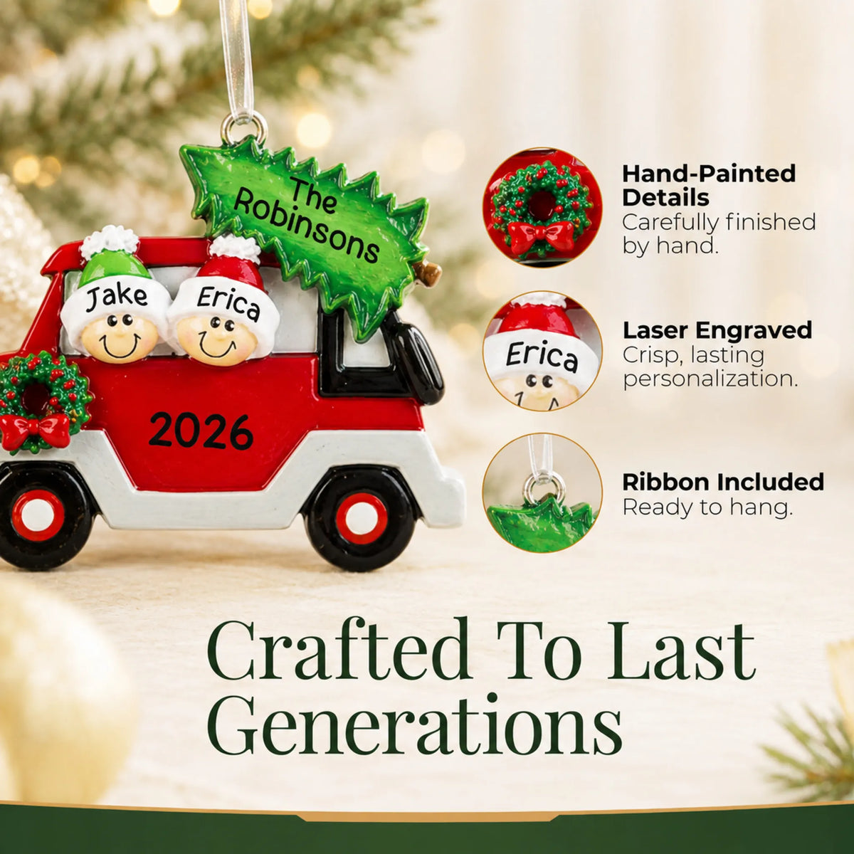 Hand-painted details and laser engraved personalization on the christmas tree car couple ornament, ribbon included