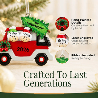 Hand-painted details and laser engraved personalization on the christmas tree car couple ornament, ribbon included