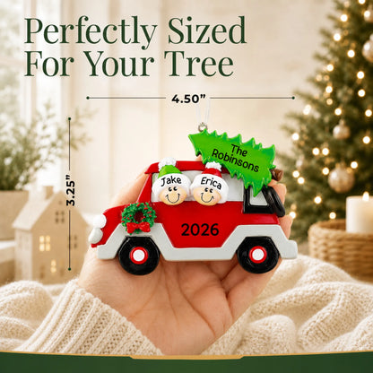 Size guide: the personalized christmas tree car couple ornament is 4.50 in wide by 3.25 in tall, shown in hand