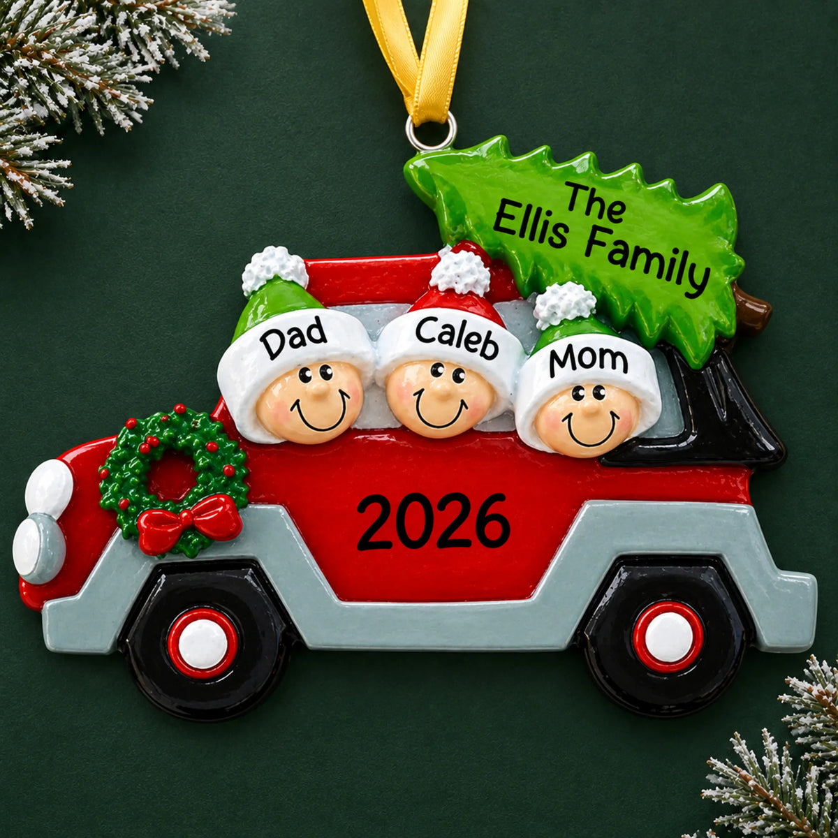 Personalized christmas tree car family of 3 ornament on a dark green pine background