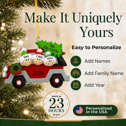 Make it yours: add names and year to the personalized christmas tree car family of 3 ornament