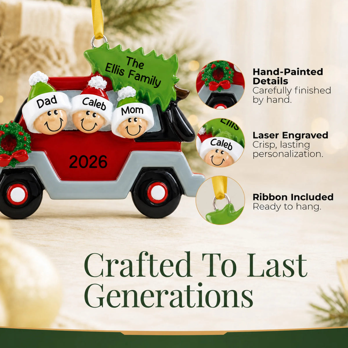 Hand-painted details and laser engraved personalization on the christmas tree car family of 3 ornament, ribbon included