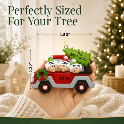 Size guide: the personalized christmas tree car family of 3 ornament is 4.50 in wide by 3.25 in tall, shown in hand