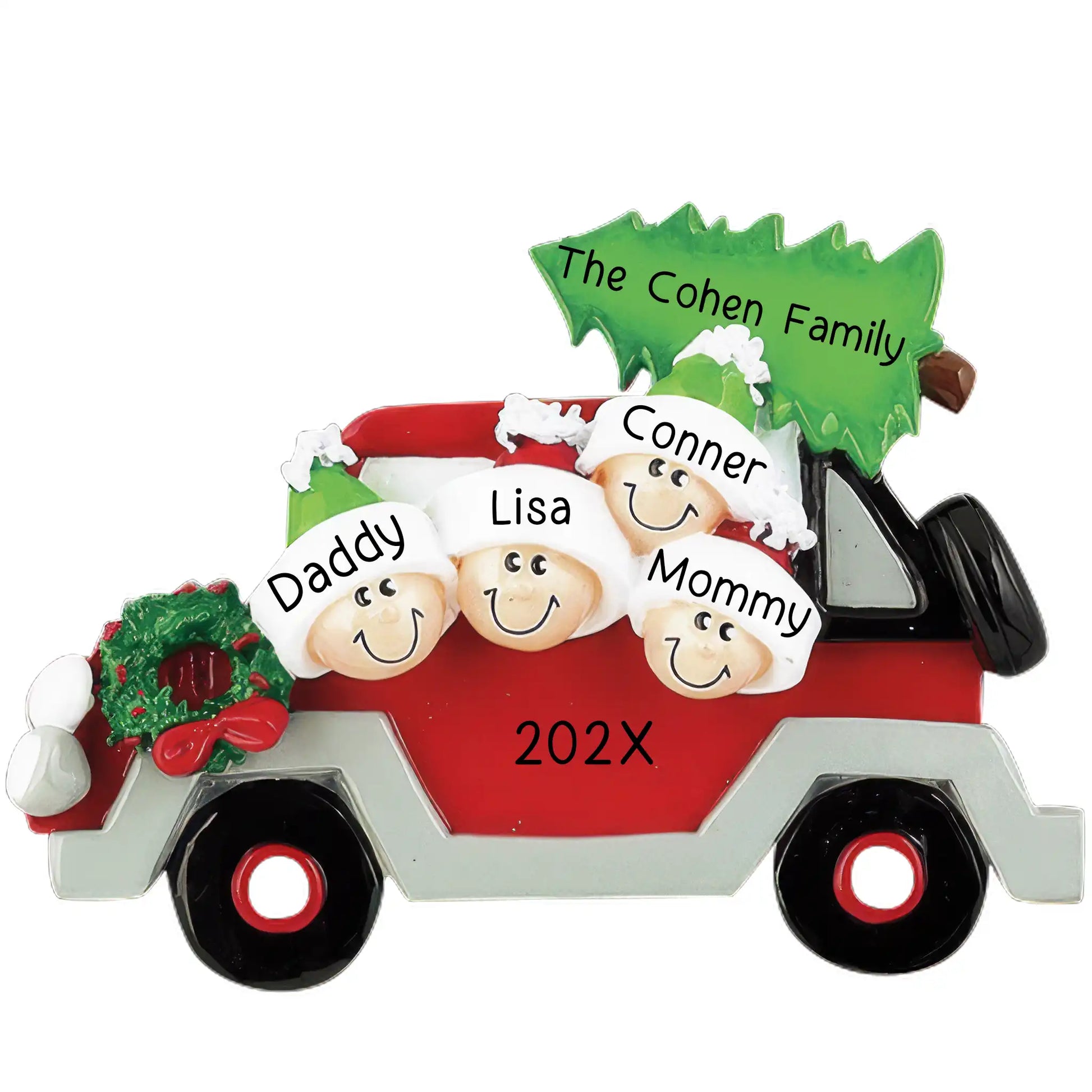 A polyresin ornament featuring a family of four in a red car with a Christmas tree on top, customizable with names and a 'YEAR' text box.