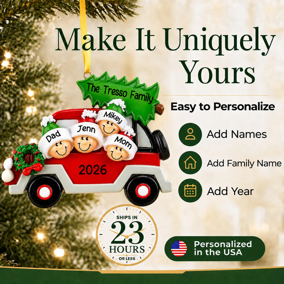 Make it yours: add names and year to the personalized christmas tree car family of 4 ornament