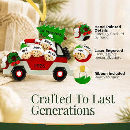 Hand-painted details and laser engraved personalization on the christmas tree car family of 4 ornament, ribbon included