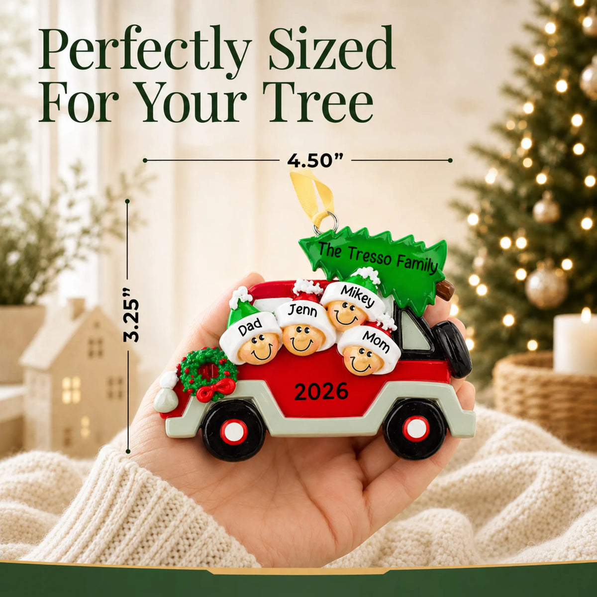 Size guide: the personalized christmas tree car family of 4 ornament is 4.50 in wide by 3.25 in tall, shown in hand