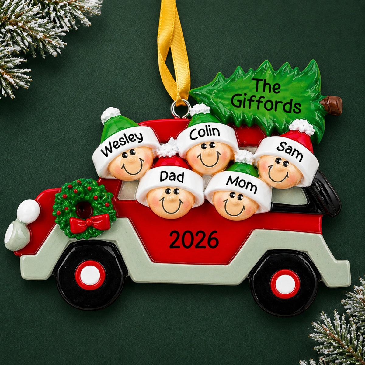Personalized Christmas tree car family of 5 ornament, red car with tree and five faces, names and 2026