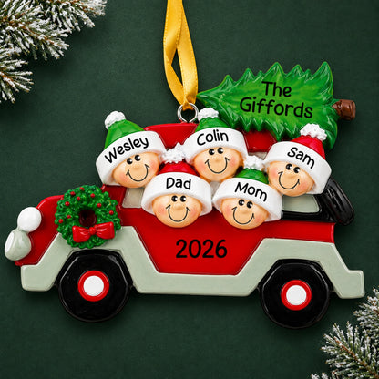 Personalized Christmas tree car family of 5 ornament, red car with tree and five faces, names and 2026