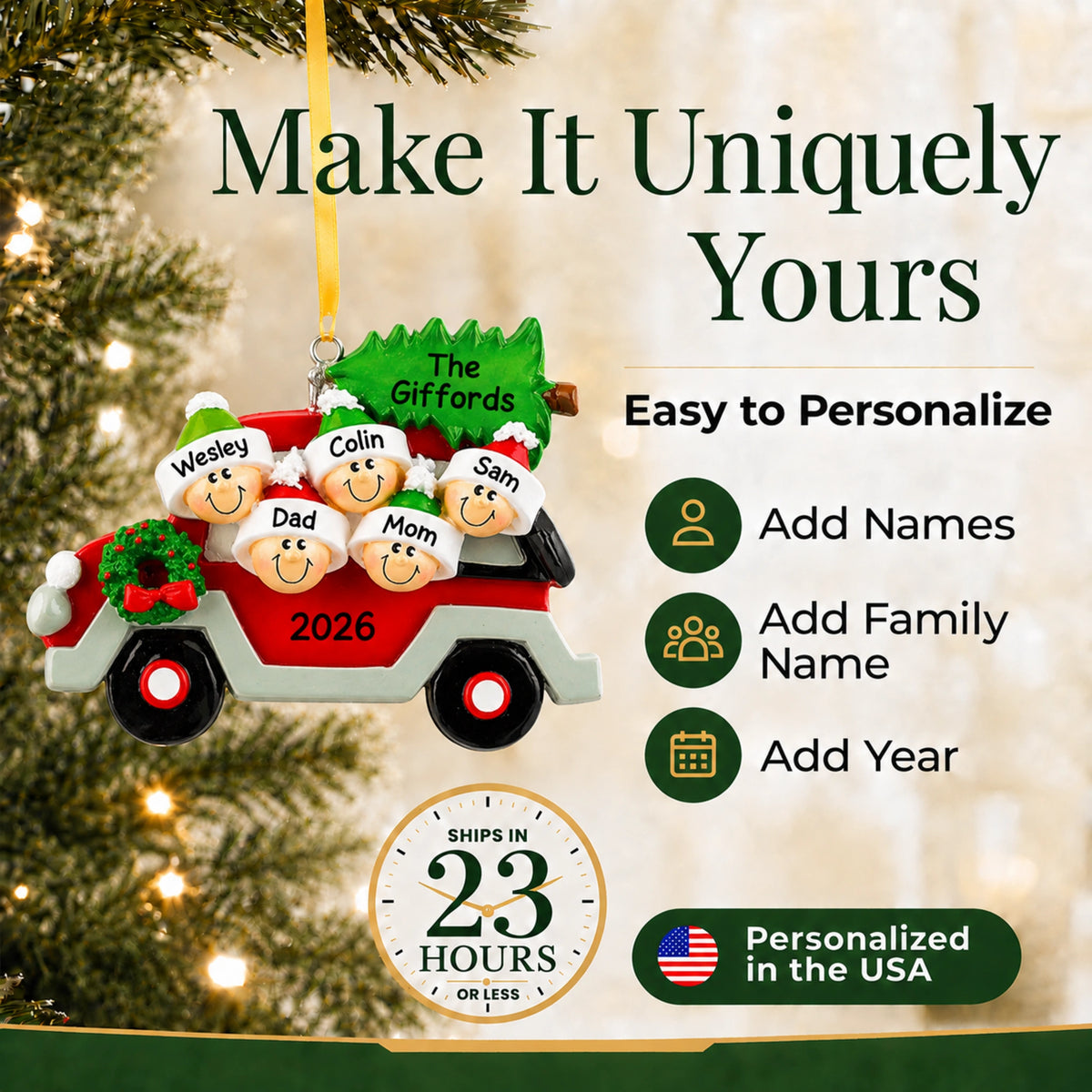 Personalized Christmas tree car family of 5 ornament, add names, family name and year, ships fast