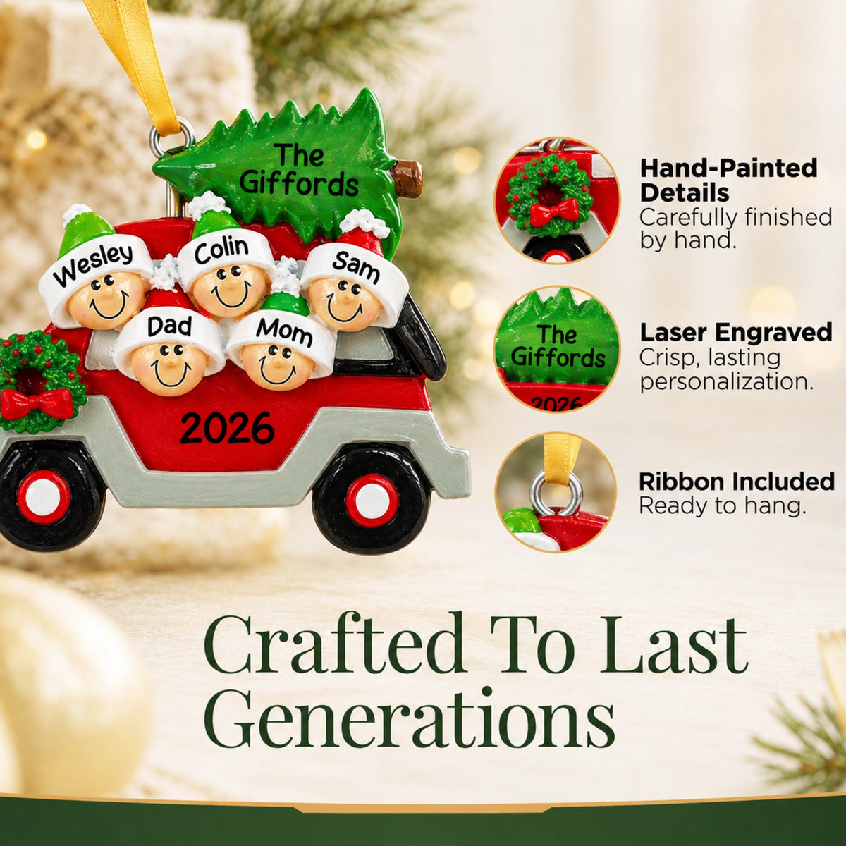Hand-painted, laser-engraved Christmas tree car family of 5 ornament with ribbon, crafted to last