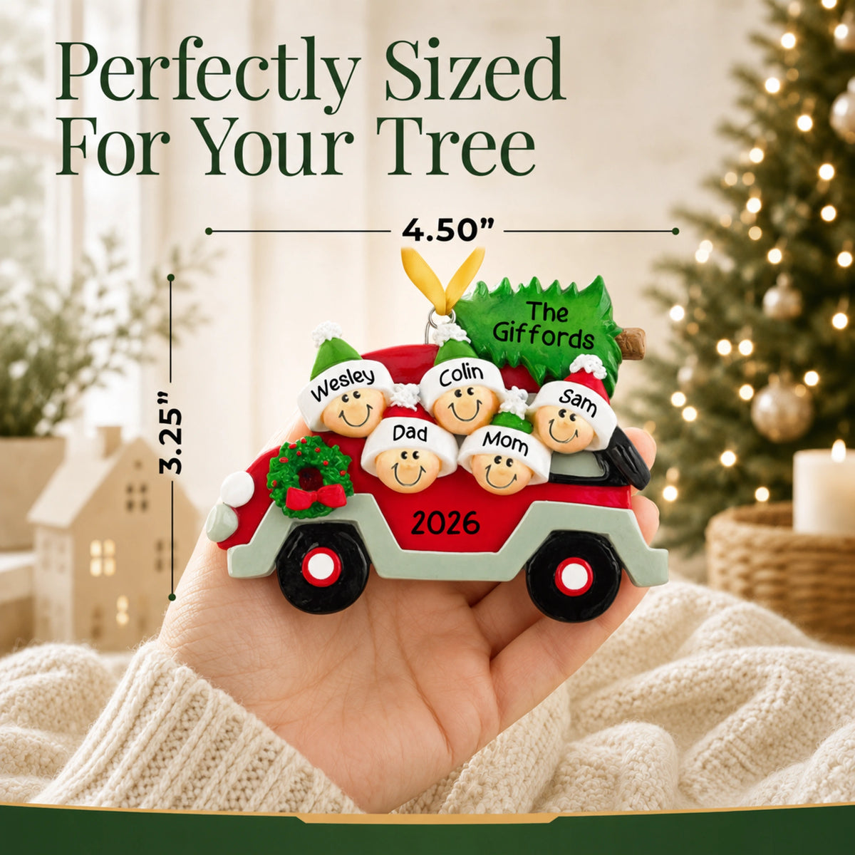 Christmas tree car family of 5 ornament held in hand, about 4.5 inches wide, sized for your tree