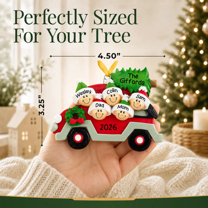 Christmas tree car family of 5 ornament held in hand, about 4.5 inches wide, sized for your tree