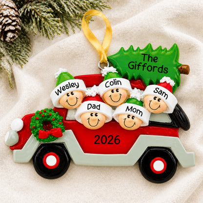Personalized Christmas tree car family of 5 ornament hanging on tree with family name and 2026