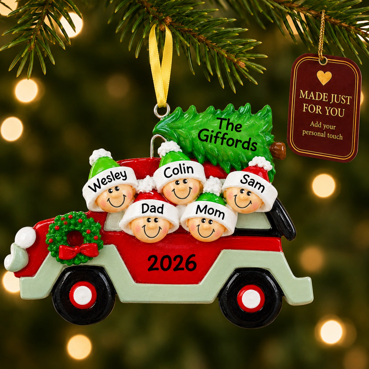 Personalized Christmas tree car family of 5 ornament on tree with a Made Just For You gift tag