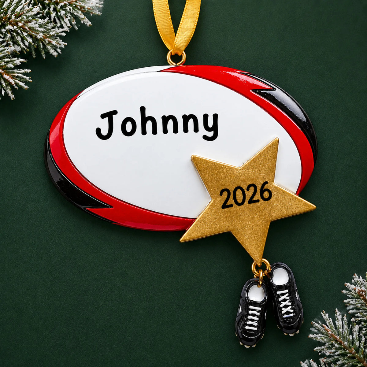 Personalized rugby star christmas ornament on a dark green pine background