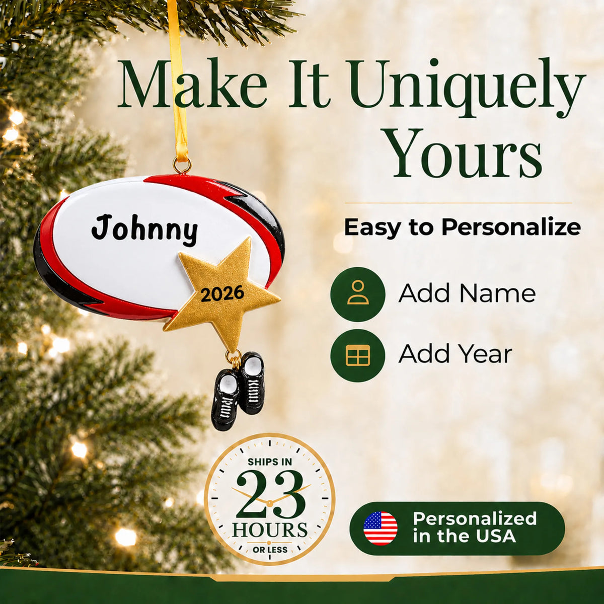Make it yours: add name and year to the personalized rugby star christmas ornament