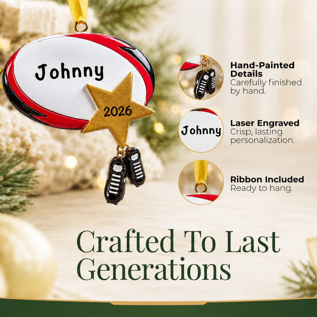 Hand-painted details and laser engraved personalization on the rugby star christmas ornament, ribbon included