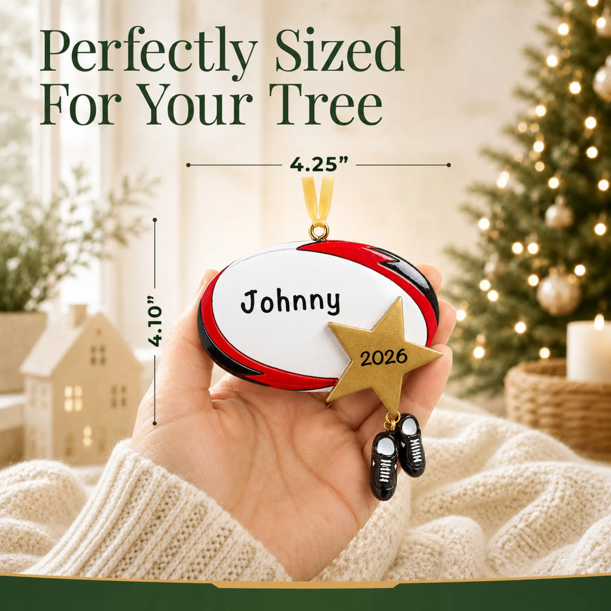 Size guide: the personalized rugby star christmas ornament is 4.25 in wide by 4.10 in tall, shown in hand