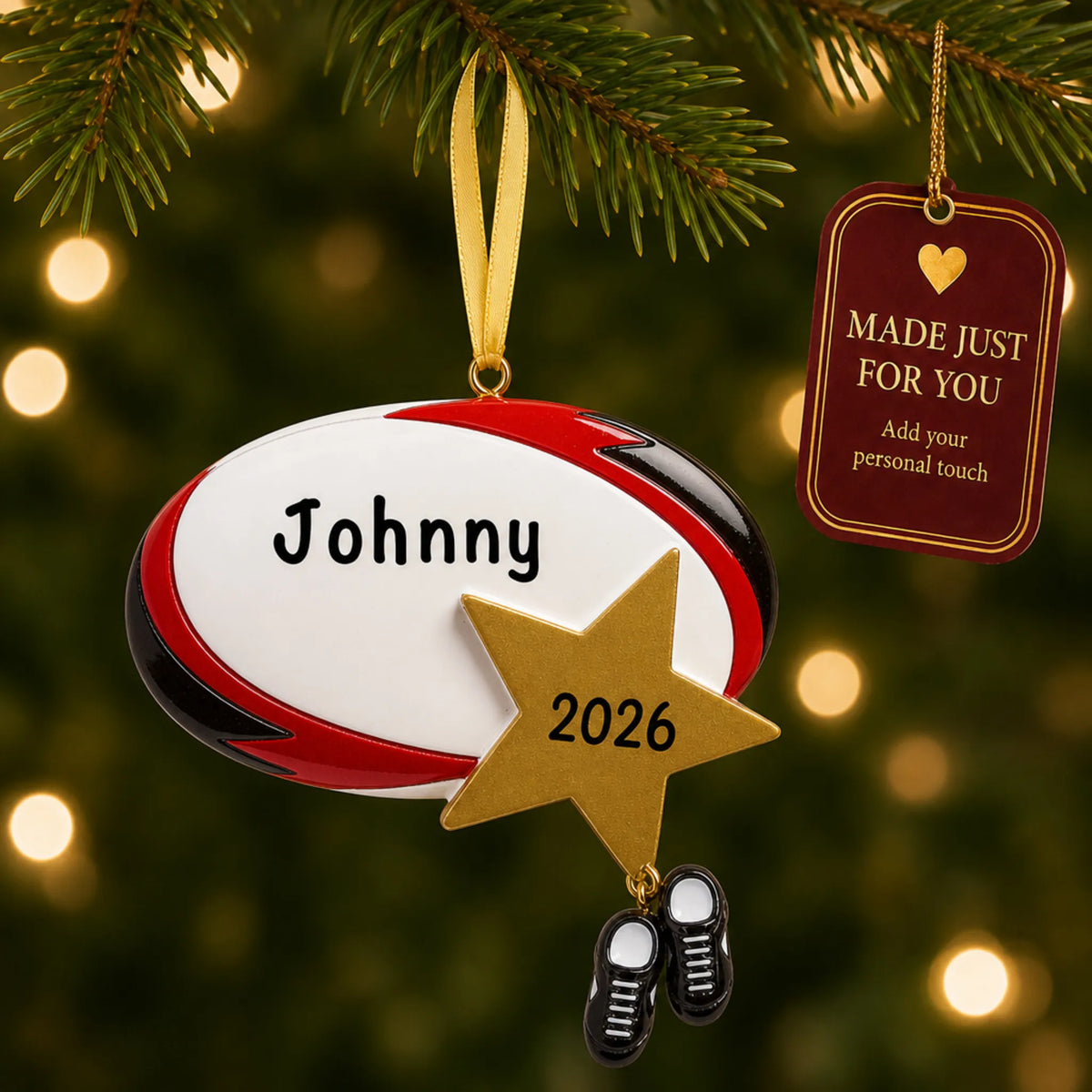 Rugby star christmas ornament hanging on a lit Christmas tree with a Made Just For You gift tag