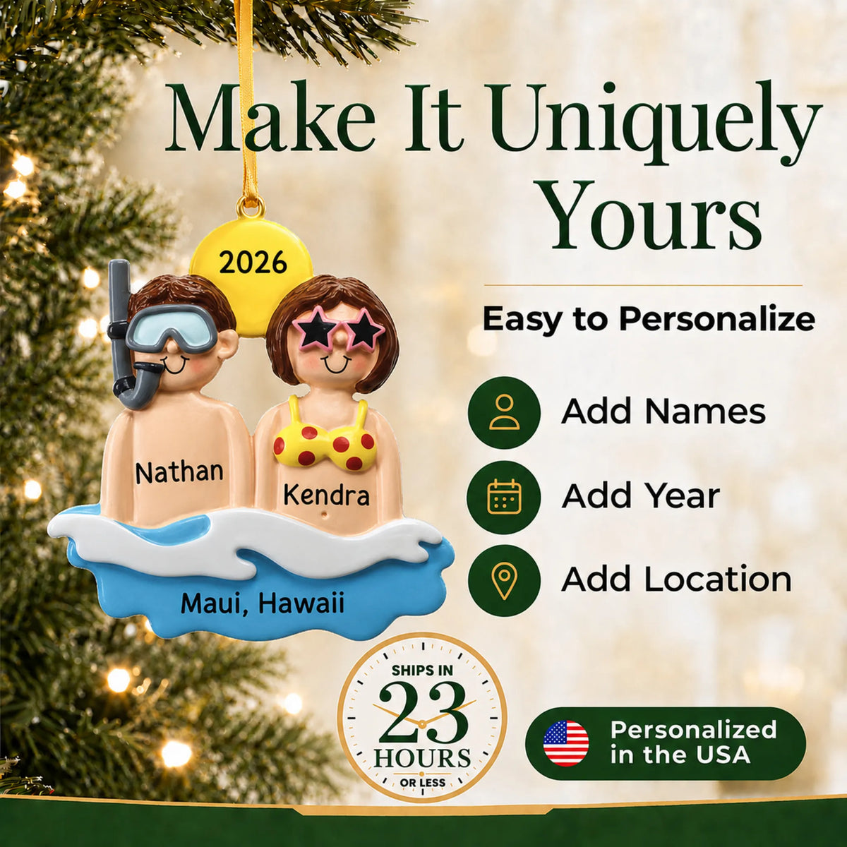 Make it yours: add names, year and location to the personalized beach & sea couple christmas ornament