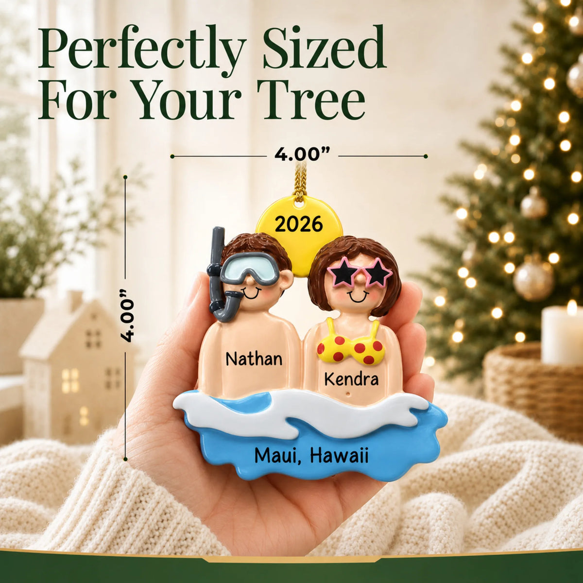 Size guide: the personalized beach & sea couple christmas ornament is 4.00 in wide by 4.00 in tall, shown in hand