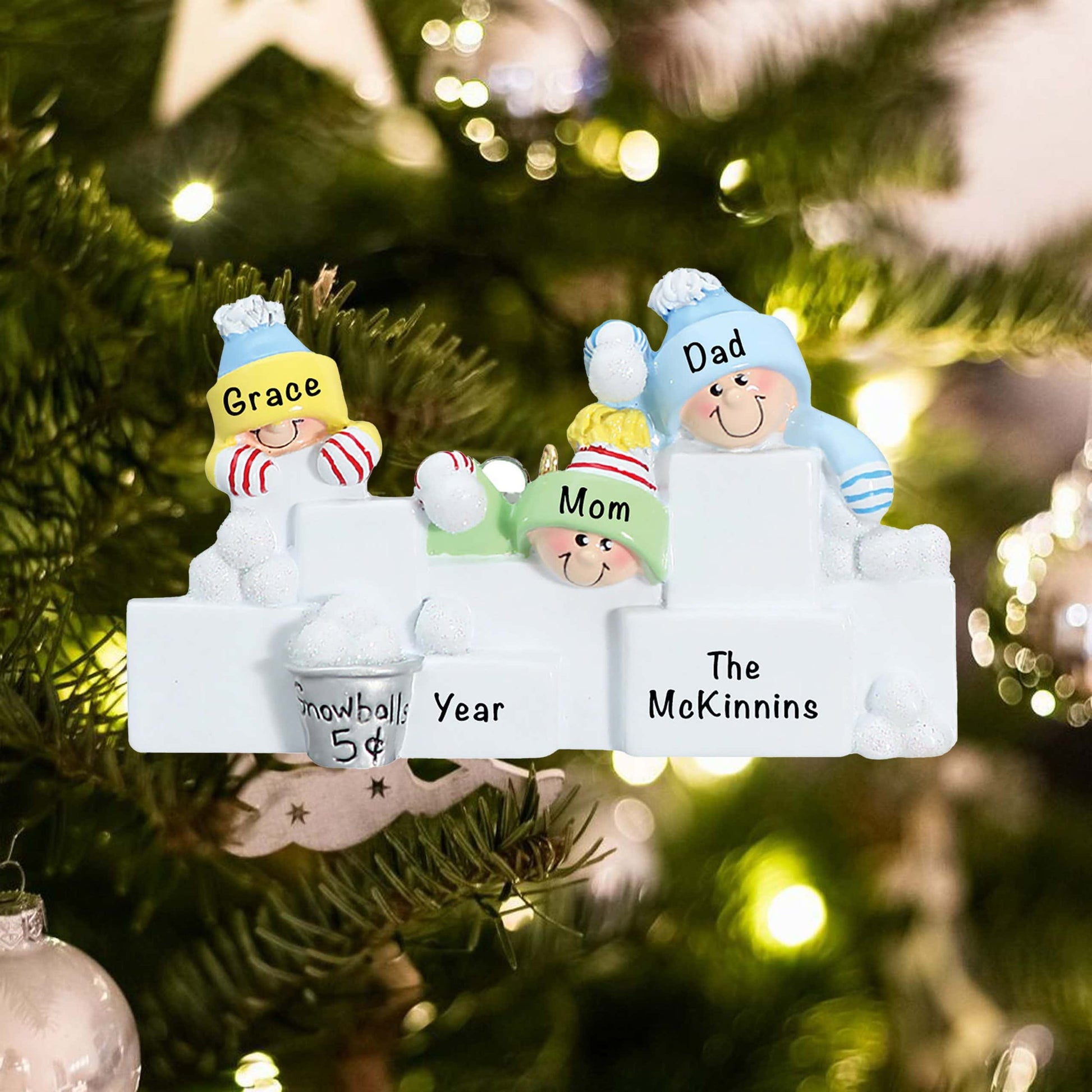 711-3 Personalized Snowball Fight Family of 3 Christmas Ornament