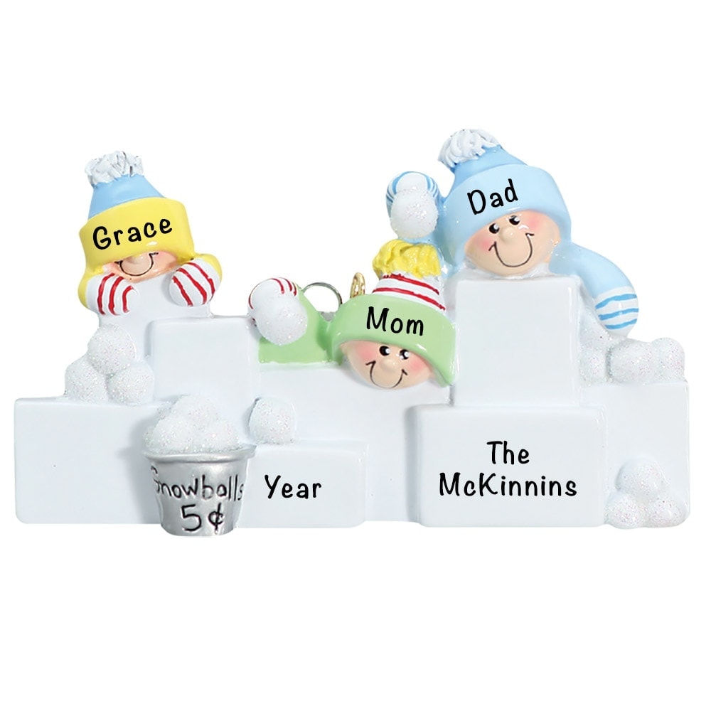 711-3 Snowball Fight Family of 3 Personalized Christmas Ornament