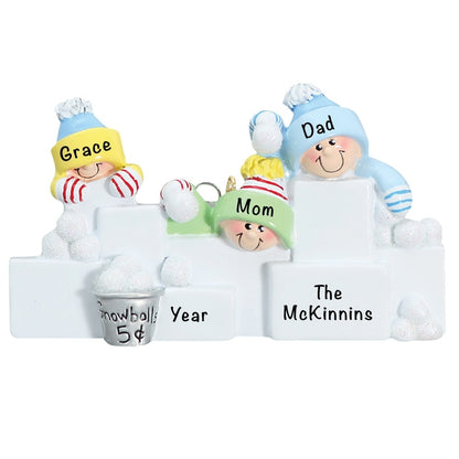 711-3 Snowball Fight Family of 3 Personalized Christmas Ornament