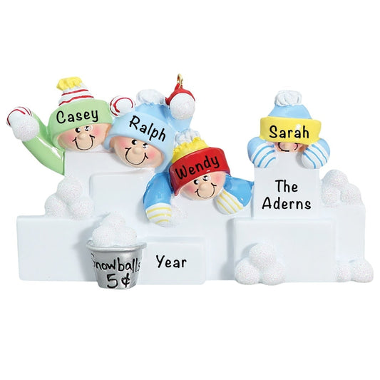 711-4 Snowball Fight Family of 4 Personalized Christmas Ornament