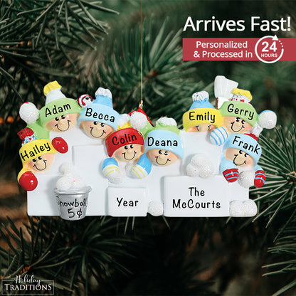 Snowball Fight Family of 8 Christmas Ornament