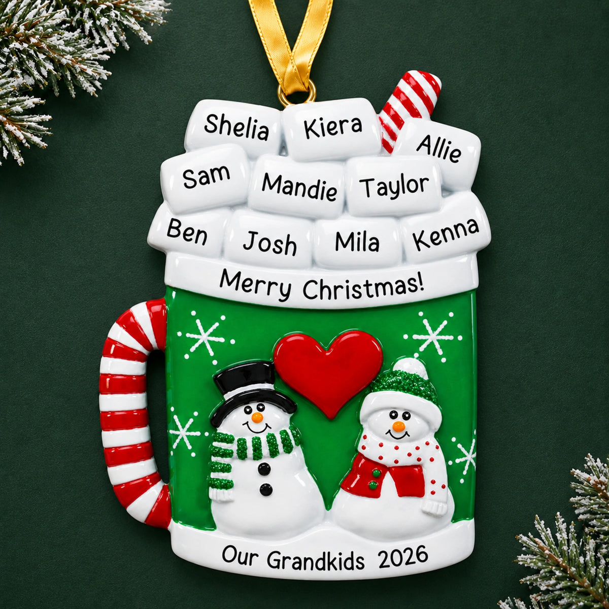 Personalized cocoa mug family Christmas ornament with names on marshmallows, two snowmen and a red heart