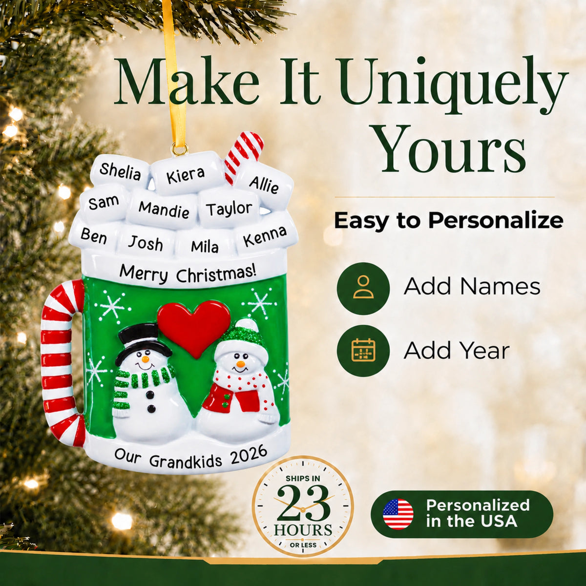 Easy to personalize cocoa mug family ornament, add each family name to a marshmallow and the year