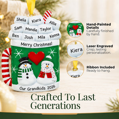 Hand-painted, laser-engraved cocoa mug family ornament crafted to last generations, ribbon included