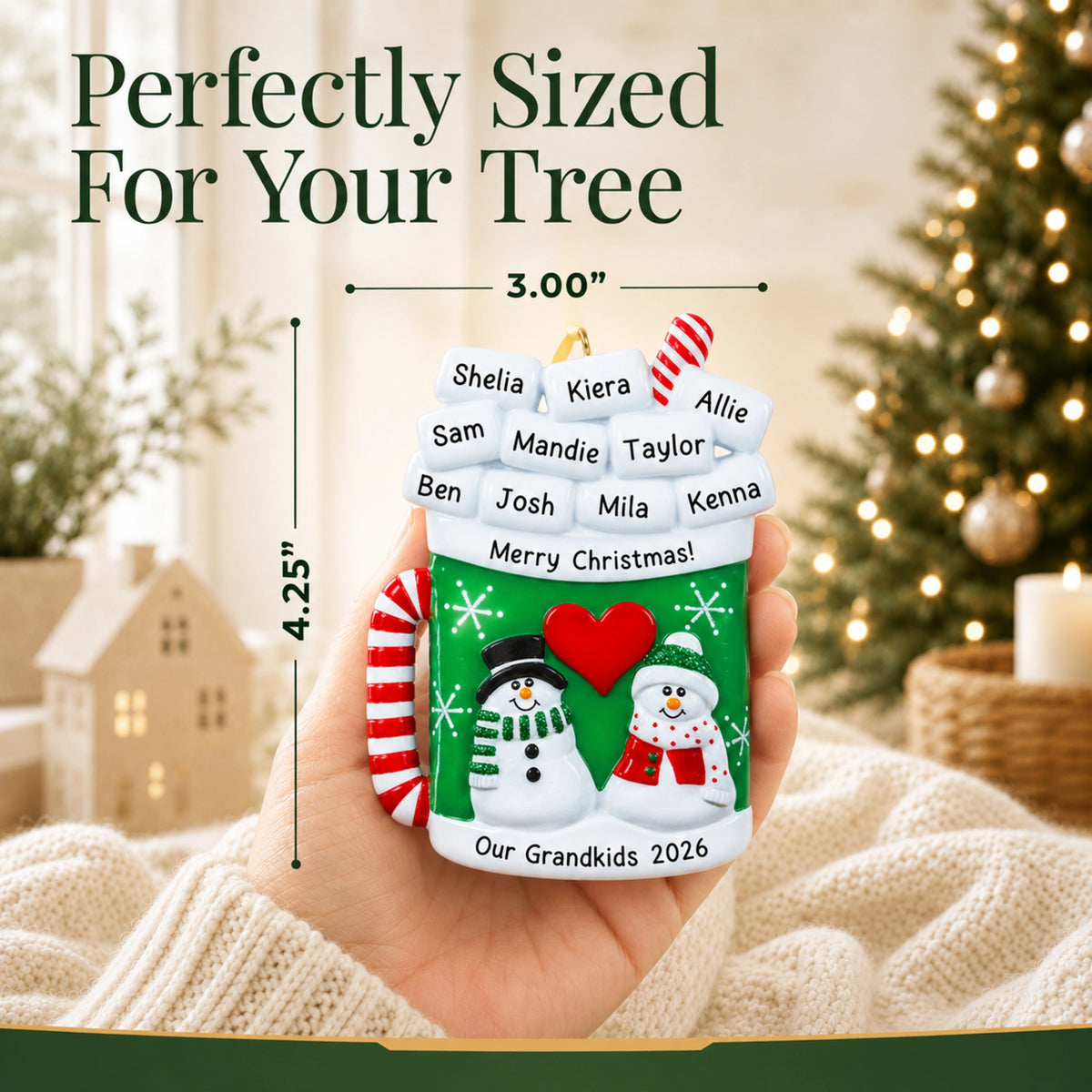Personalized cocoa mug family ornament shown at 3.00 by 4.25 inches, perfectly sized for your tree