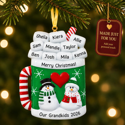 Personalized cocoa mug family ornament hanging on the tree, made just for you with names and year