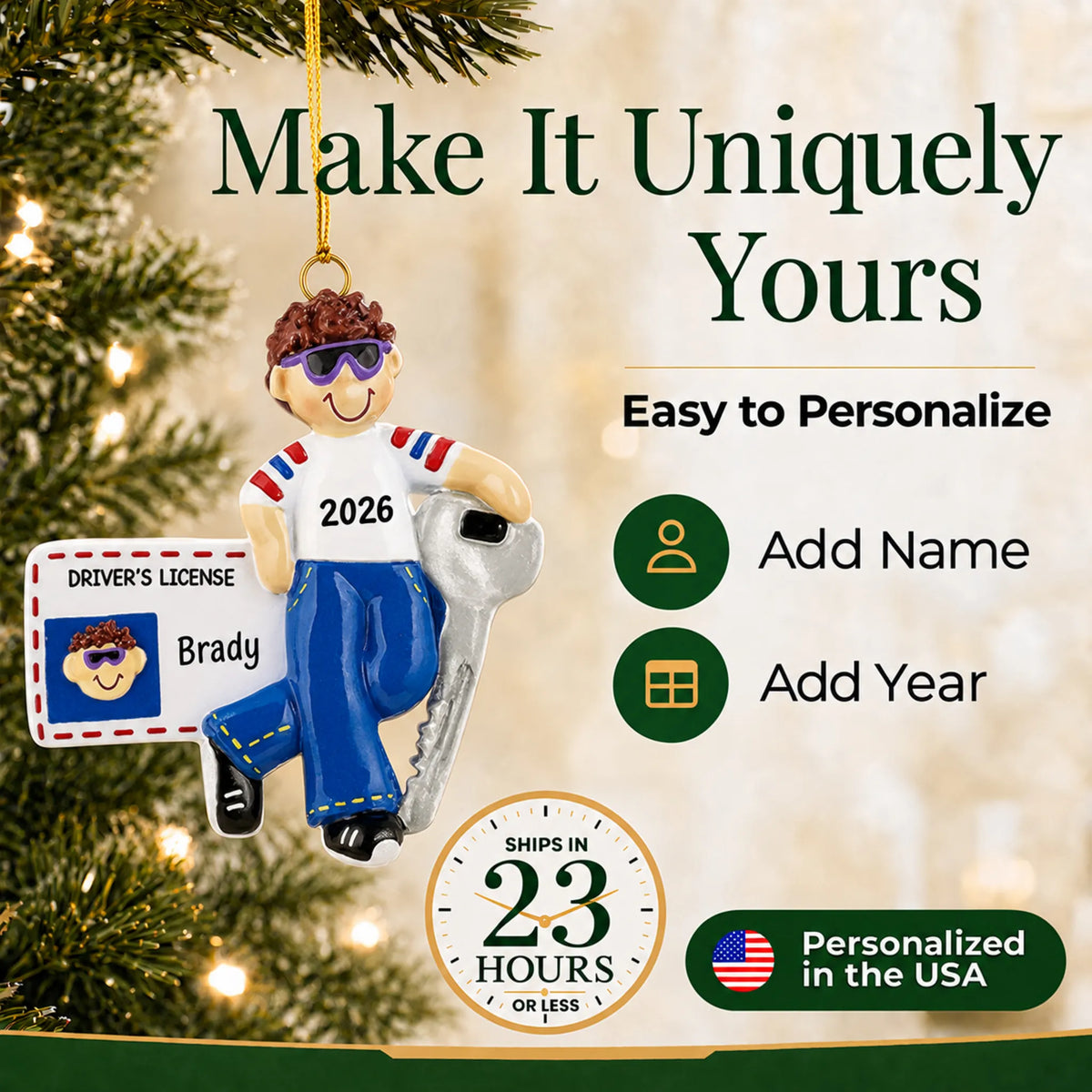 Make it yours: add name and year to the personalized new driver's license brunette boy christmas ornament