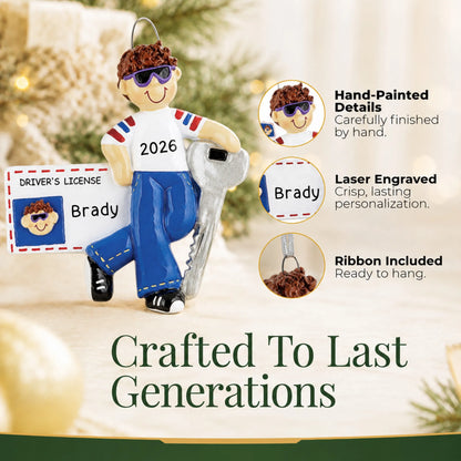Hand-painted, laser engraved new driver's license brunette boy christmas ornament, ribbon included