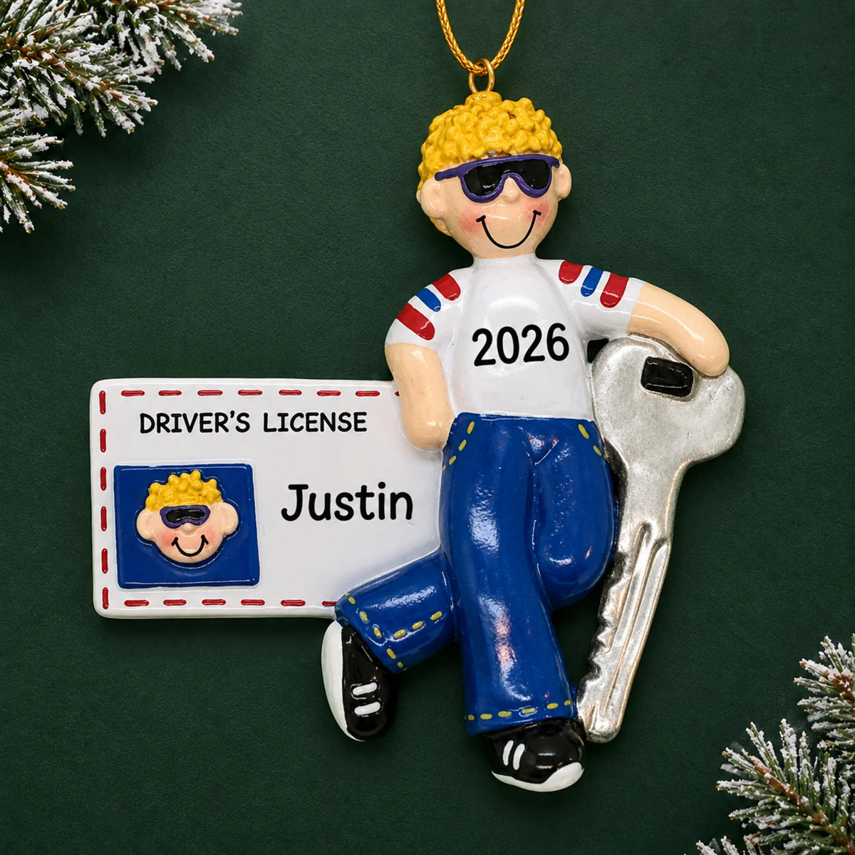 Personalized new driver's license blonde boy christmas ornament on a dark green pine background