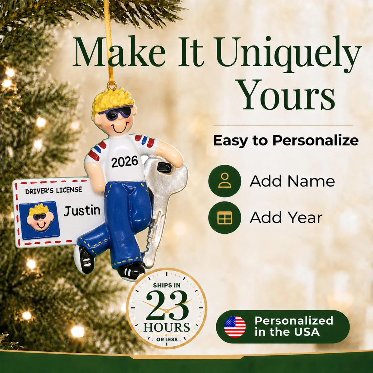 Make it yours: add name and year to the personalized new driver's license blonde boy christmas ornament