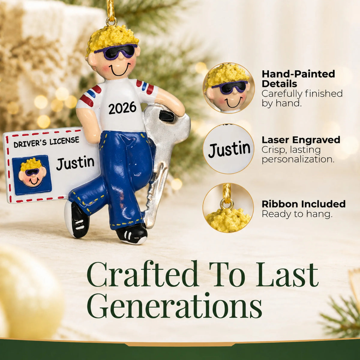 Hand-painted, laser engraved new driver's license blonde boy christmas ornament, ribbon included
