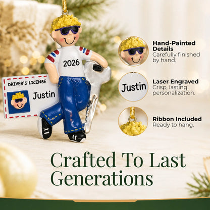 Hand-painted, laser engraved new driver's license blonde boy christmas ornament, ribbon included