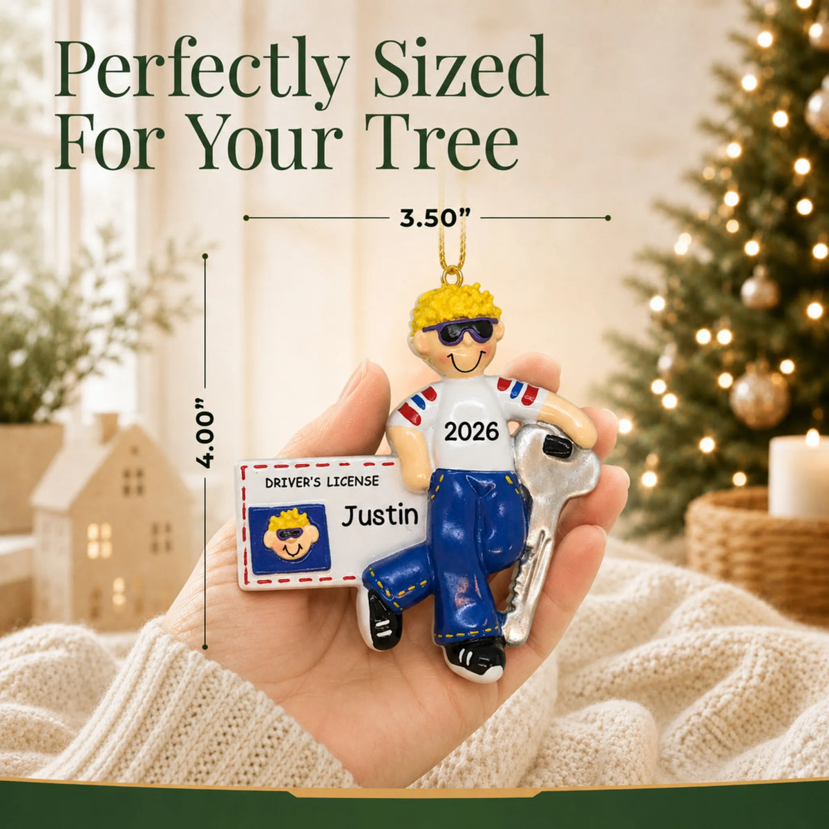 Size guide: the personalized new driver's license blonde boy christmas ornament shown in hand next to a Christmas tree